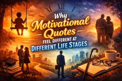 Conceptual image showing a bookshelf with books titled "Youth," "Career," "Family," "Wisdom," with a glowing motivational quote in the center.