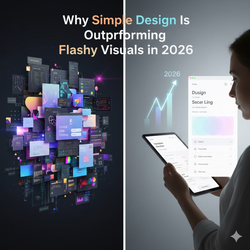 A clean, minimalist website interface on a laptop next to a cluttered, overly decorative design on a tablet, illustrating the contrast.
