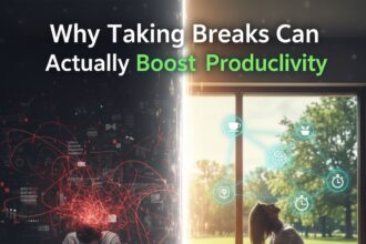 A professional at a desk pausing from work to look out a window, symbolizing a productive break.