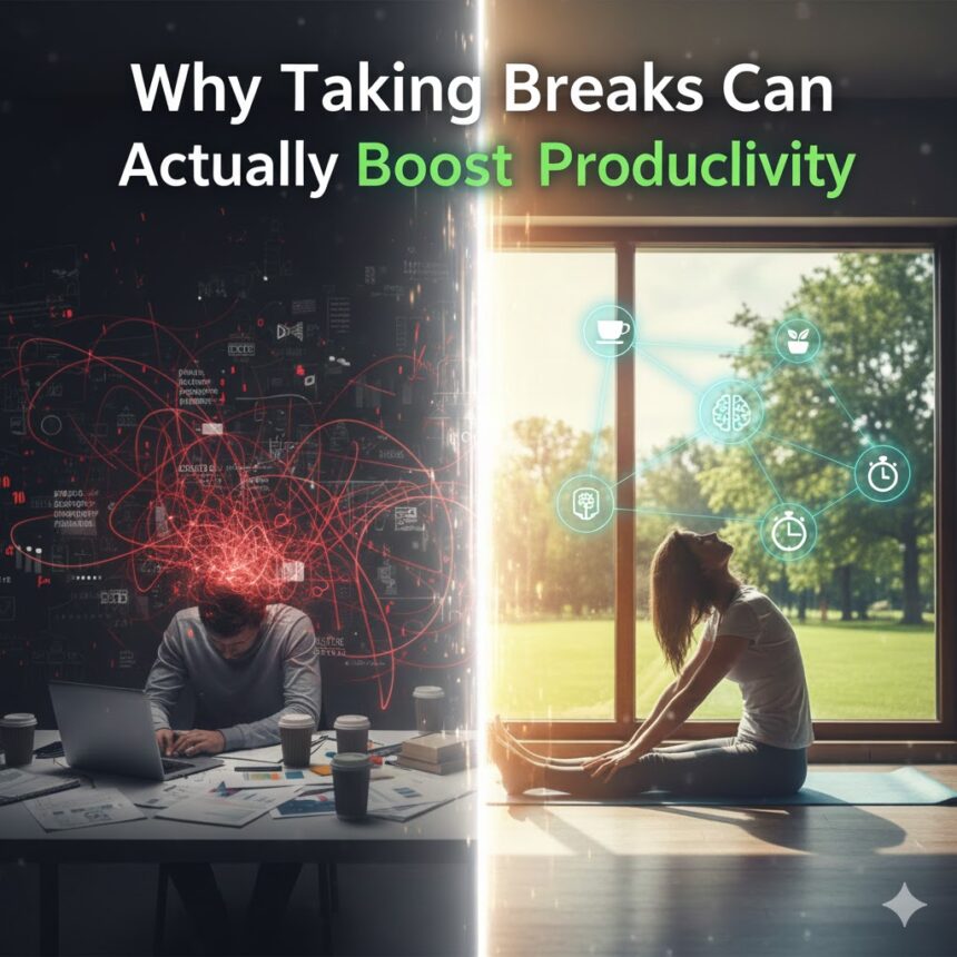 A professional at a desk pausing from work to look out a window, symbolizing a productive break.