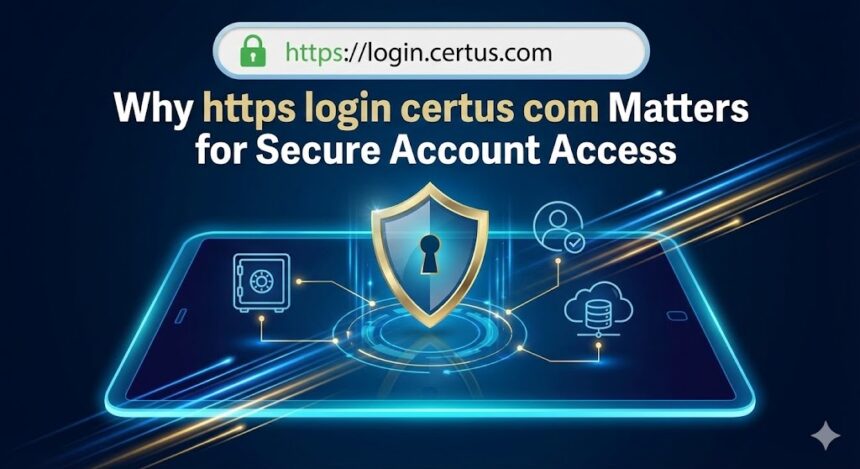 A visual representation of a secure HTTPS login process, showing a padlock icon protecting data flowing between a user's computer and a server labeled 'certus.com'.
