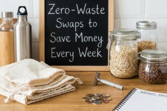 A curated collection of reusable household items including jars, bags, and bottles on a wooden table.