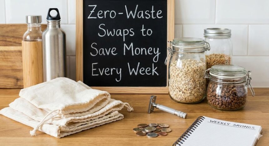 A curated collection of reusable household items including jars, bags, and bottles on a wooden table.